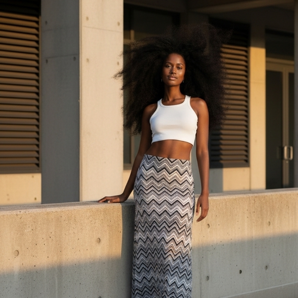 Boho Abstract Black White Chevron Maxi Skirt/Dress